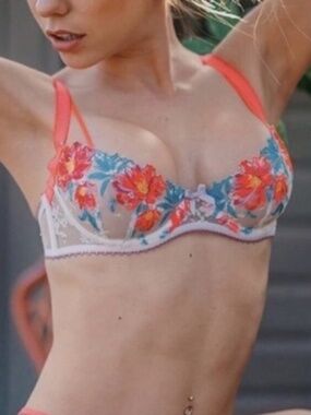 For Love & Lemons Bright Coral & White Floral Unlined Bra